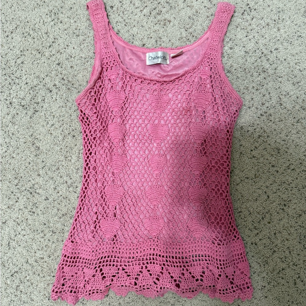 Chadwicks Bright Pink Crochet Tank with Scallop Hem